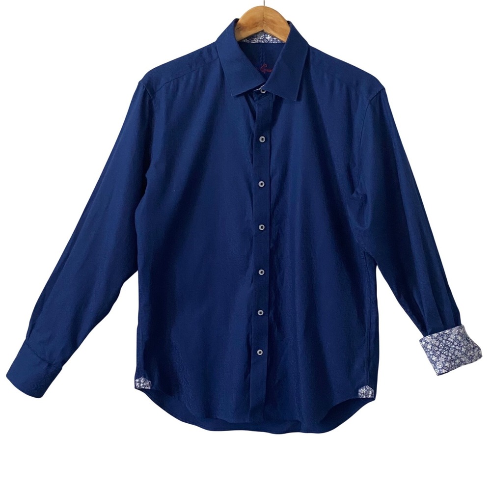 Robert Graham Mens Blue Jacquard Paisley Button Down Shirt Classic Fit Size M